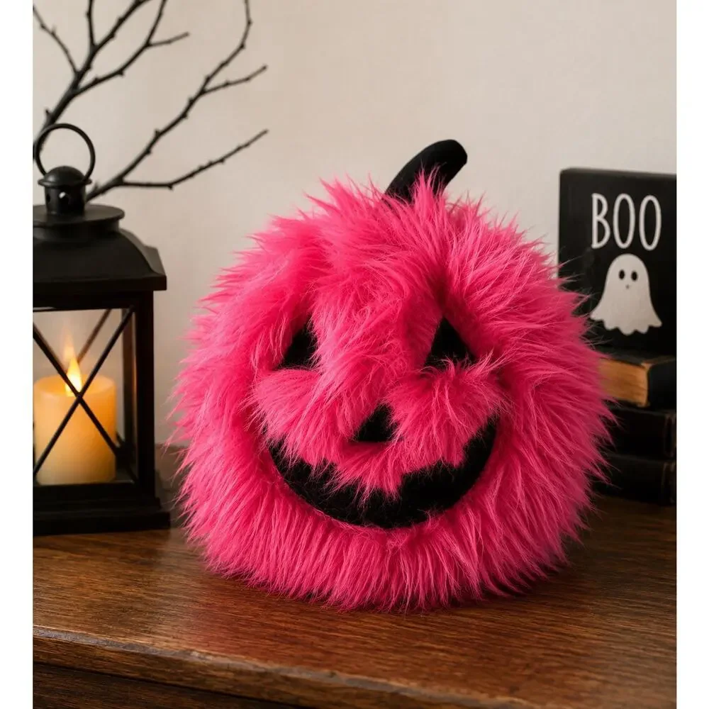 Cupcakes and Cashmere Pink Furry Jack-O’-Lantern Pumpkin Halloween Plush 14”